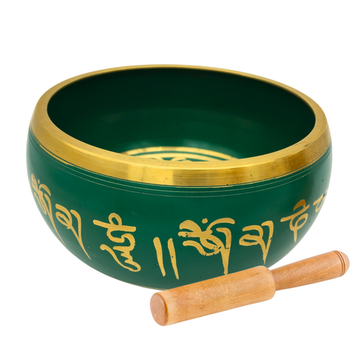 Tibetan Singing Bowl 12cm Hand Painted GREEN with Wooden Striker