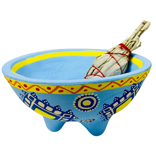 Smudge Bowl Clay HAND PAINTED with feet BLUE