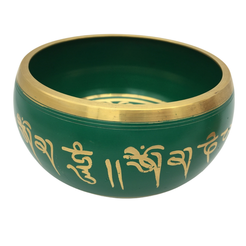 Tibetan Singing Bowl 10cm Hand Painted GREEN with Wooden Striker