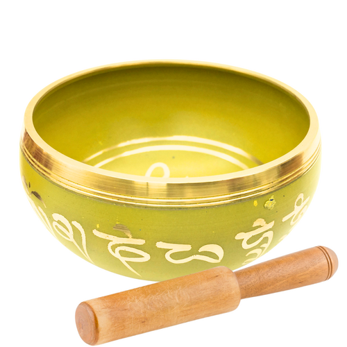 Tibetan Singing Bowl 14cm Hand Painted YELLOW with Wooden Stick