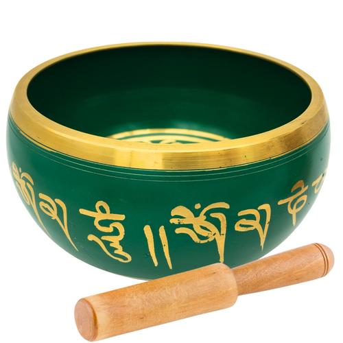 Tibetan Singing Bowl 14cm Hand Painted GREEN with Small Striker