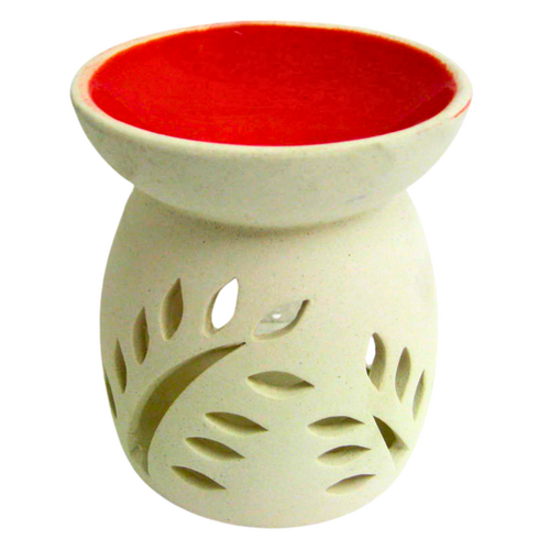 Ceramic Oil Burner WHITE w RED BOWL