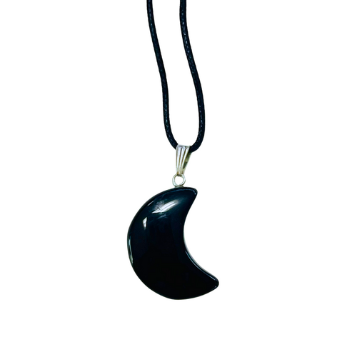 Crystal Pendant Necklace BLACK OBSIDIAN Crescent Moon